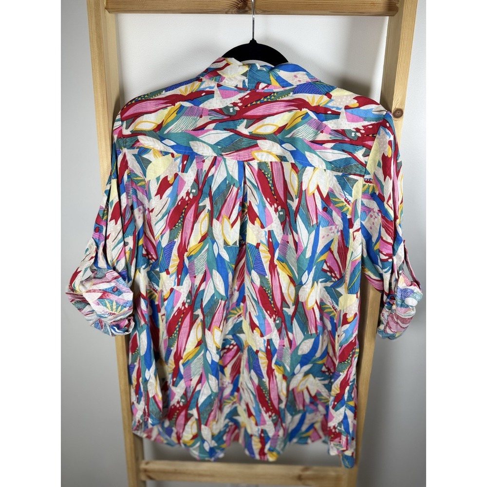 Intro❤️ Women's Top Size Large Linen Blend Multi Color Roll Sleeves (B3) - Picture 2 of 7